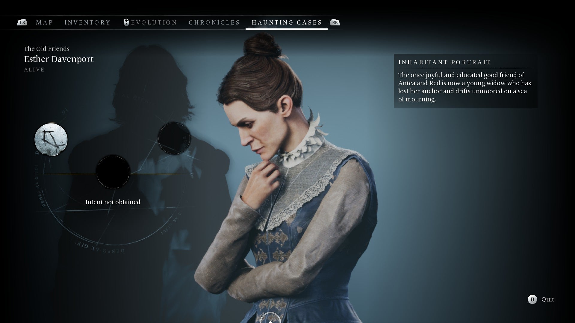 Screenshot of Banishers: Ghosts of New Eden, showing the beginnings of a haunting file being filled out about the victim