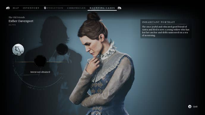 Screenshot of Banishers: Ghosts of New Eden, showing the beginnings of a haunting file being filled out about the victim