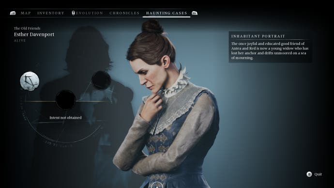 Screenshot of Banishers: Ghosts of New Eden, showing the beginnings of a haunting file being filled out about the victim
