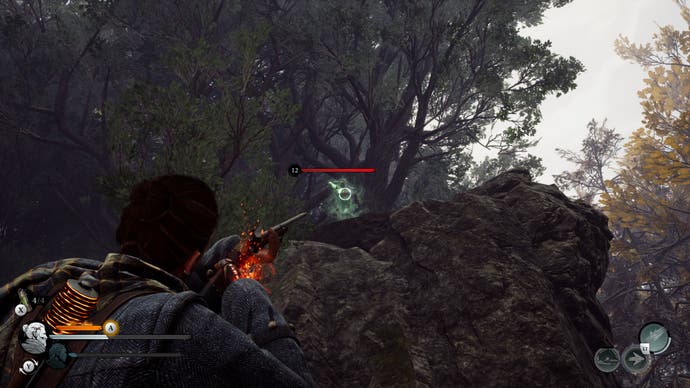 Screenshot of Banishers: Ghosts of New Eden, showing Red lining up a rifle shot against a glowing spectre on a cliff