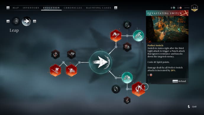 Screenshot of Banishers: Ghosts of New Eden, showing a skill tree with branches only two nodes long, with a large tooltip visible for a ‘perfect switch’ skill