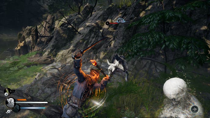 Screenshot of Banishers: Ghosts of New Eden, showing Red attacking a wolf at melee range