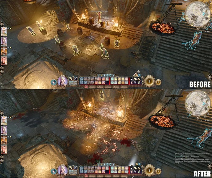 A before and after screenshot demonstrating how to use a large number of exploding barrels in Baldur's Gate 3.