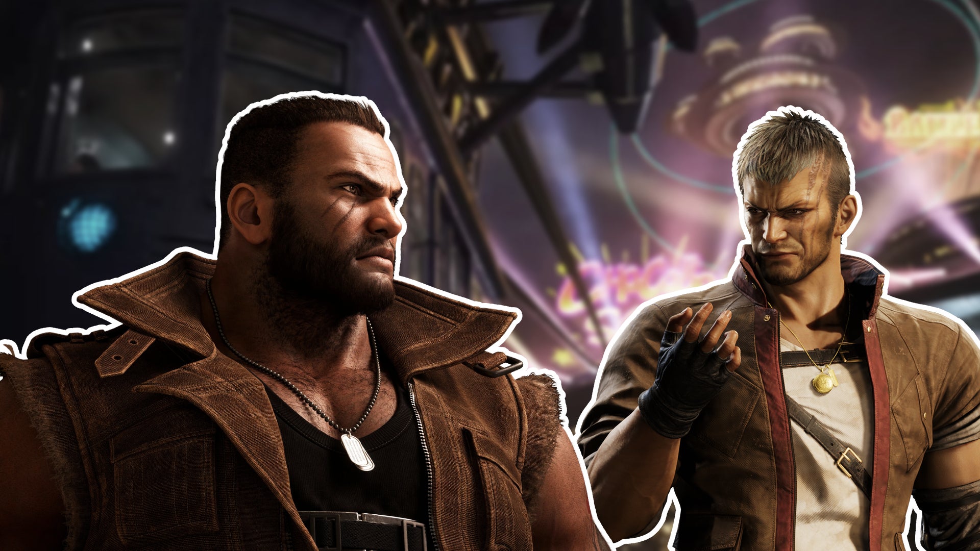 Barret and Dyne cutouts laid over a blurred background of the Golden Saucer in FFVII Rebirth. - 1