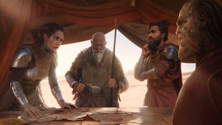 Songs of Conquest Barya Campaign cutscene screenshot showing a military group making plans in the desert