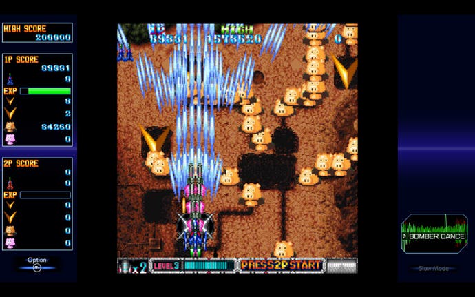 Batsugun Saturn Tribute Boosted review screenshot, showing the game’s infamous and unusual secret pig bonus point items.