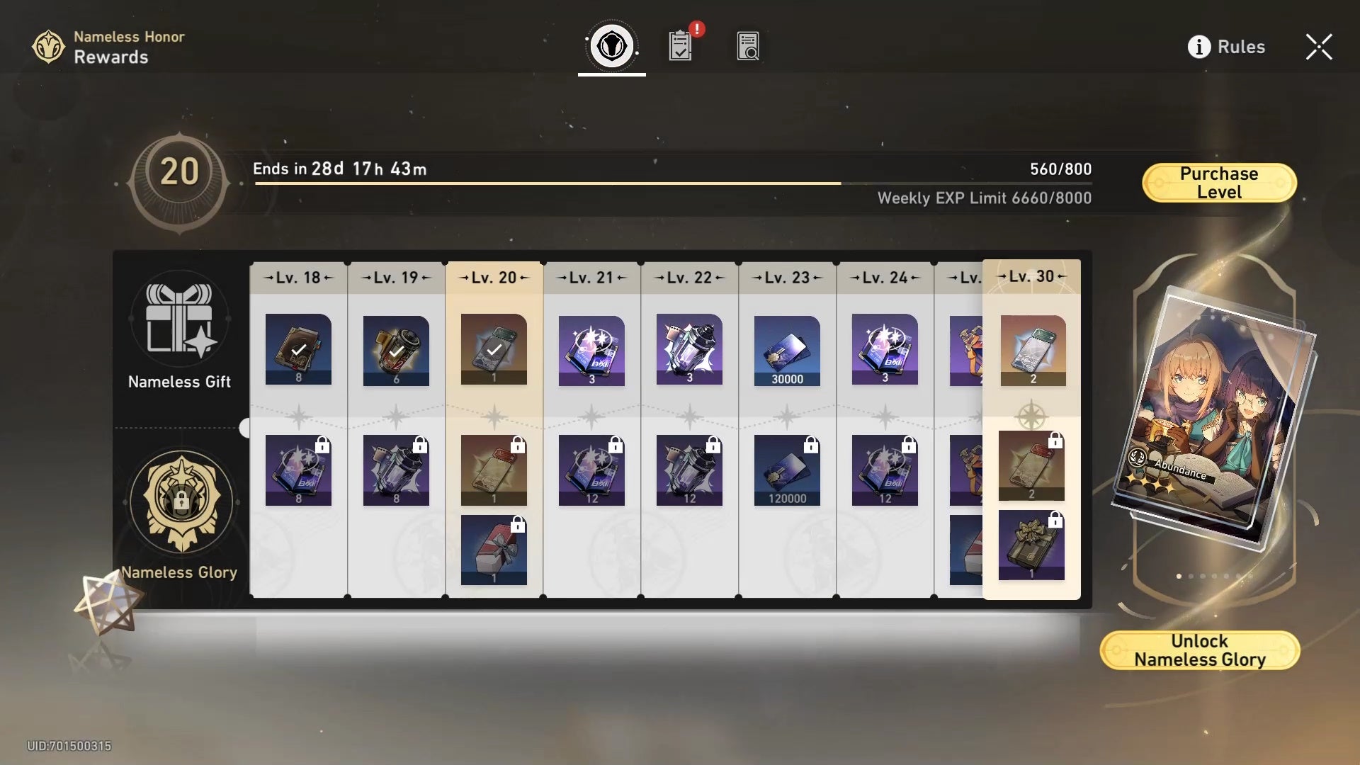 battle pass menu showing free and premium rewards across two tracks, on a black and gold background
