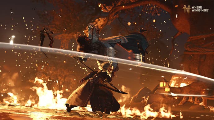Where Winds Meet screenshot showing two warriors battling with swords against a fiery backdrop