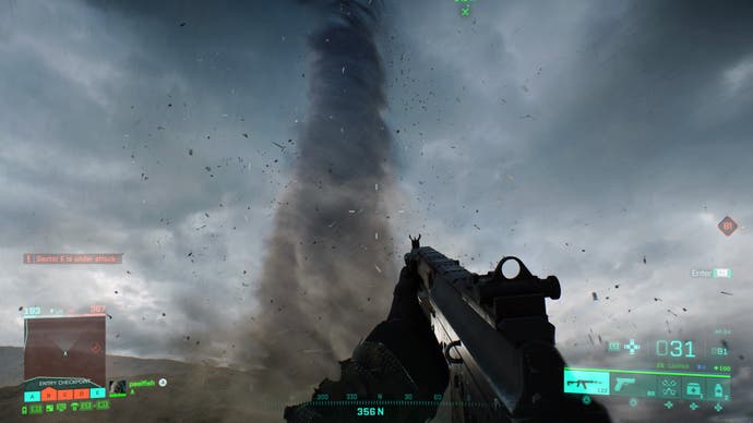 State of the Game Battlefield 2042 - looking up towards a nearby twister in a dark blue sky