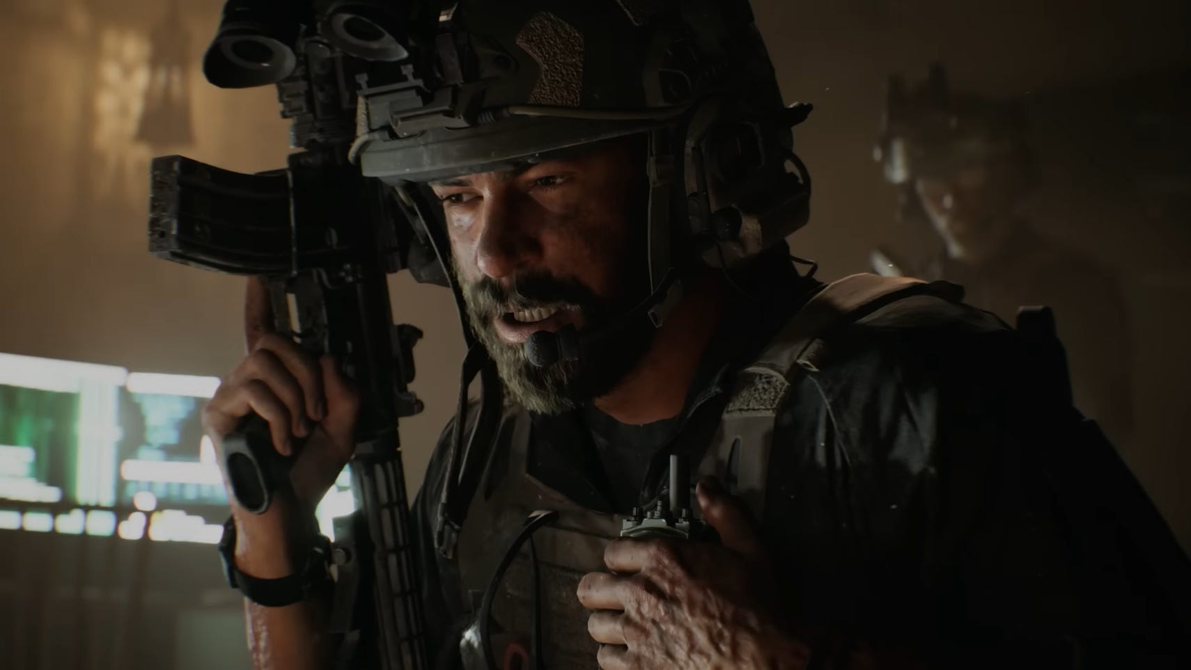 Battlefield 6 trailer screenshot showing bearded soldier in body armour holding a rifle