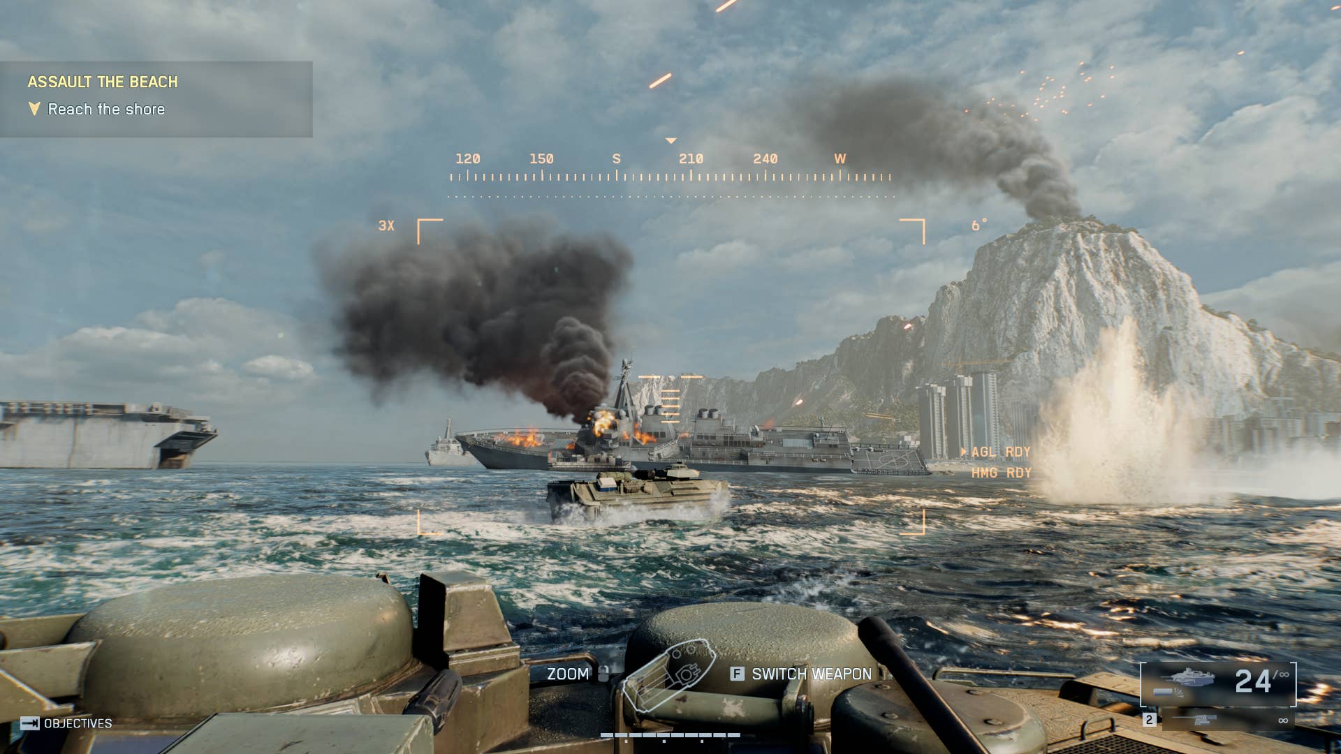A ship burns during an amphibious attack on Gibraltar in Battlefield 6.