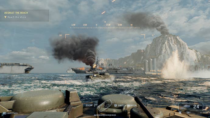 A vessel burns during an amphibious onslaught connected Gibraltar successful Battlefield 6.