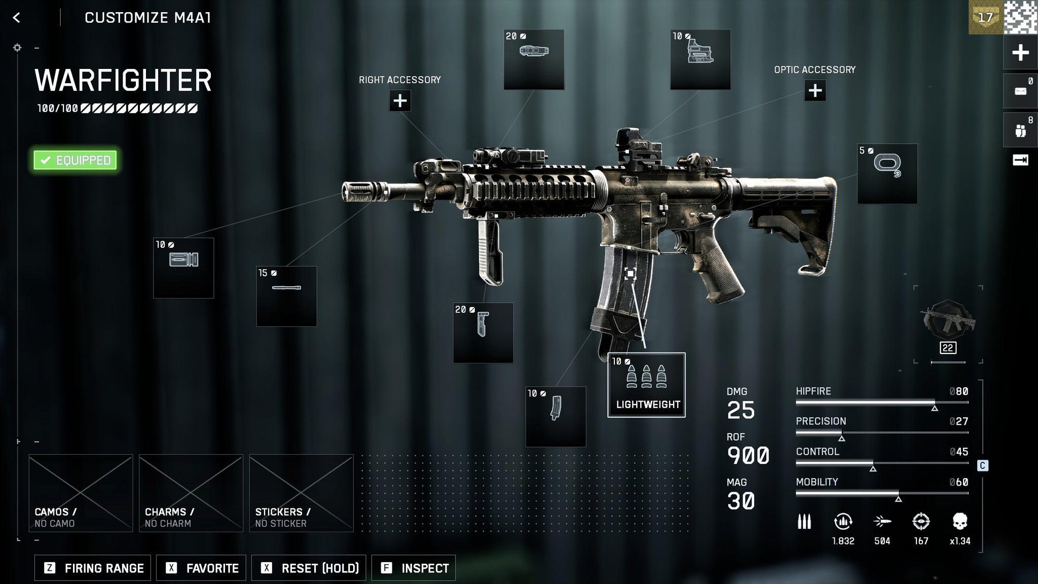 Battlefield 6's loadout screen showing the M4A1 and its labelled loadout components. The word 'warfighter' is in the top left, with the gun in the centre, and the weapon's stats in the bottom right. - 3