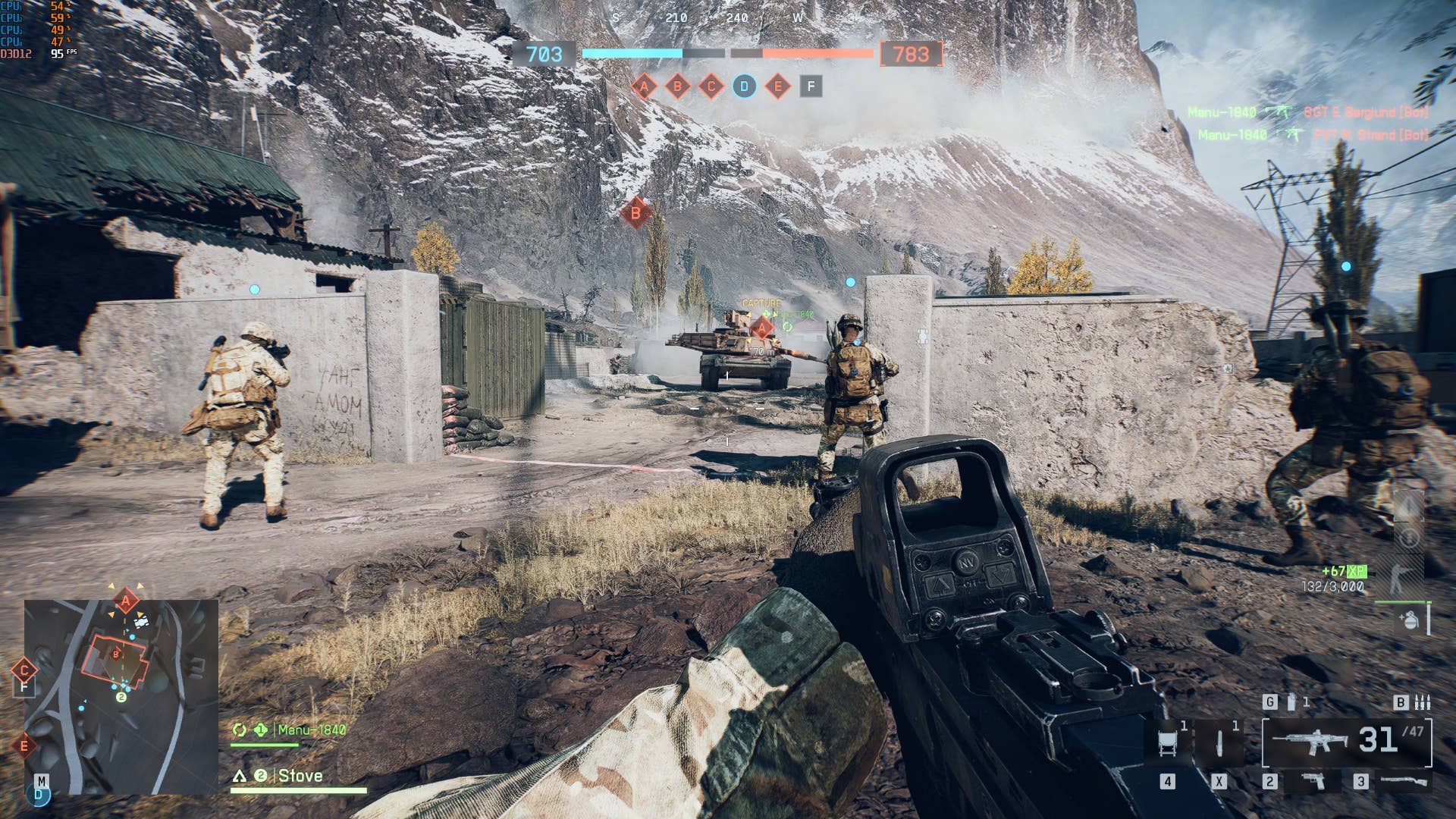 The player and some teammates approach an enemy tank in Battlefield 6 multiplayer.