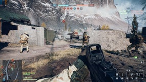 The player and some teammates approach an enemy tank in Battlefield 6 multiplayer.