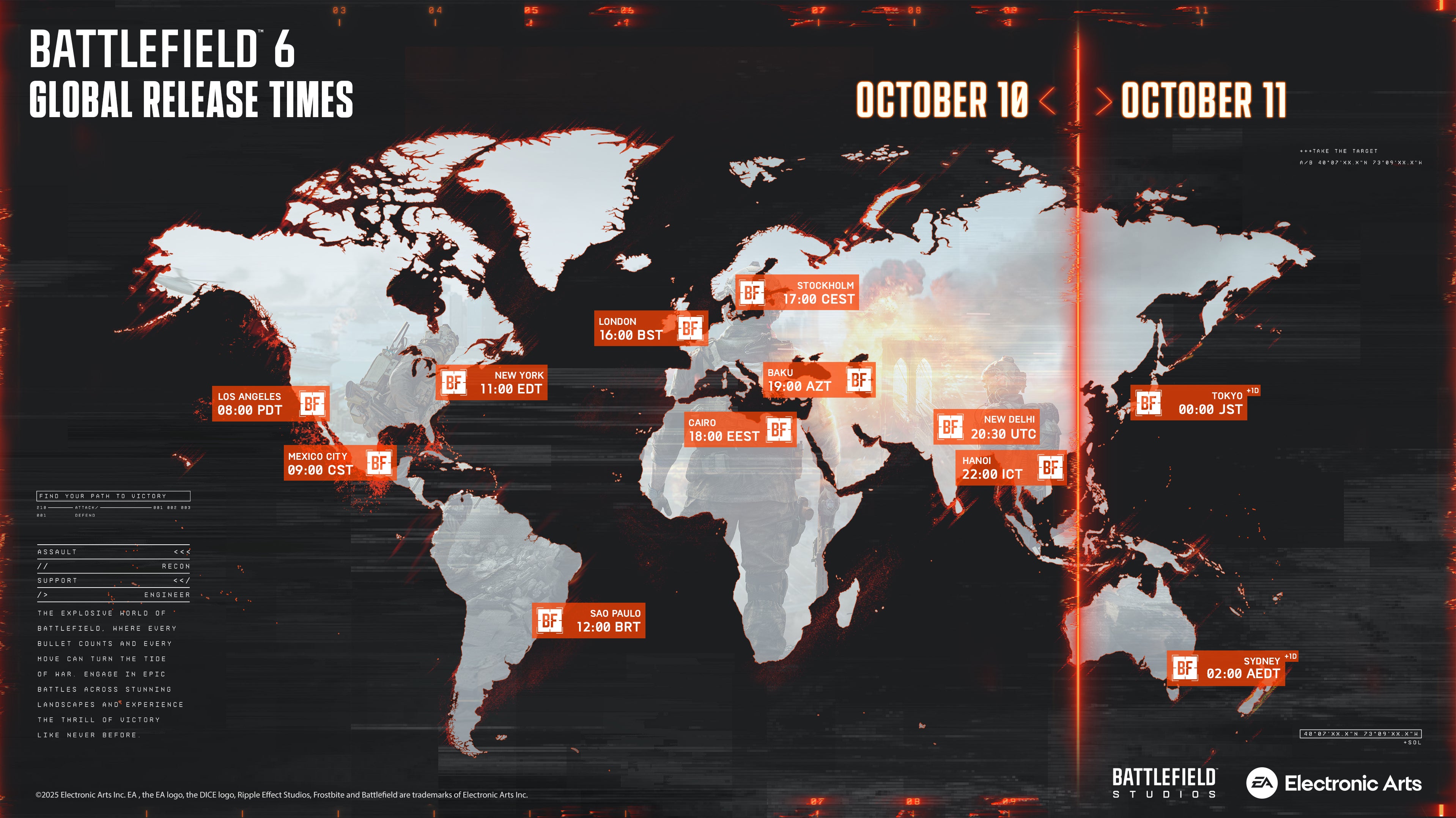 A map showing all of the Battlefield 6 global release times. - 4