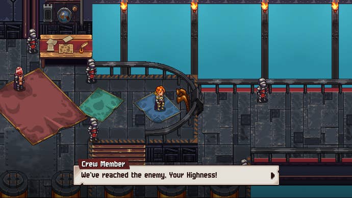 An armoured man stands at the helm of an airship surrounded by knights in Chained Echoes