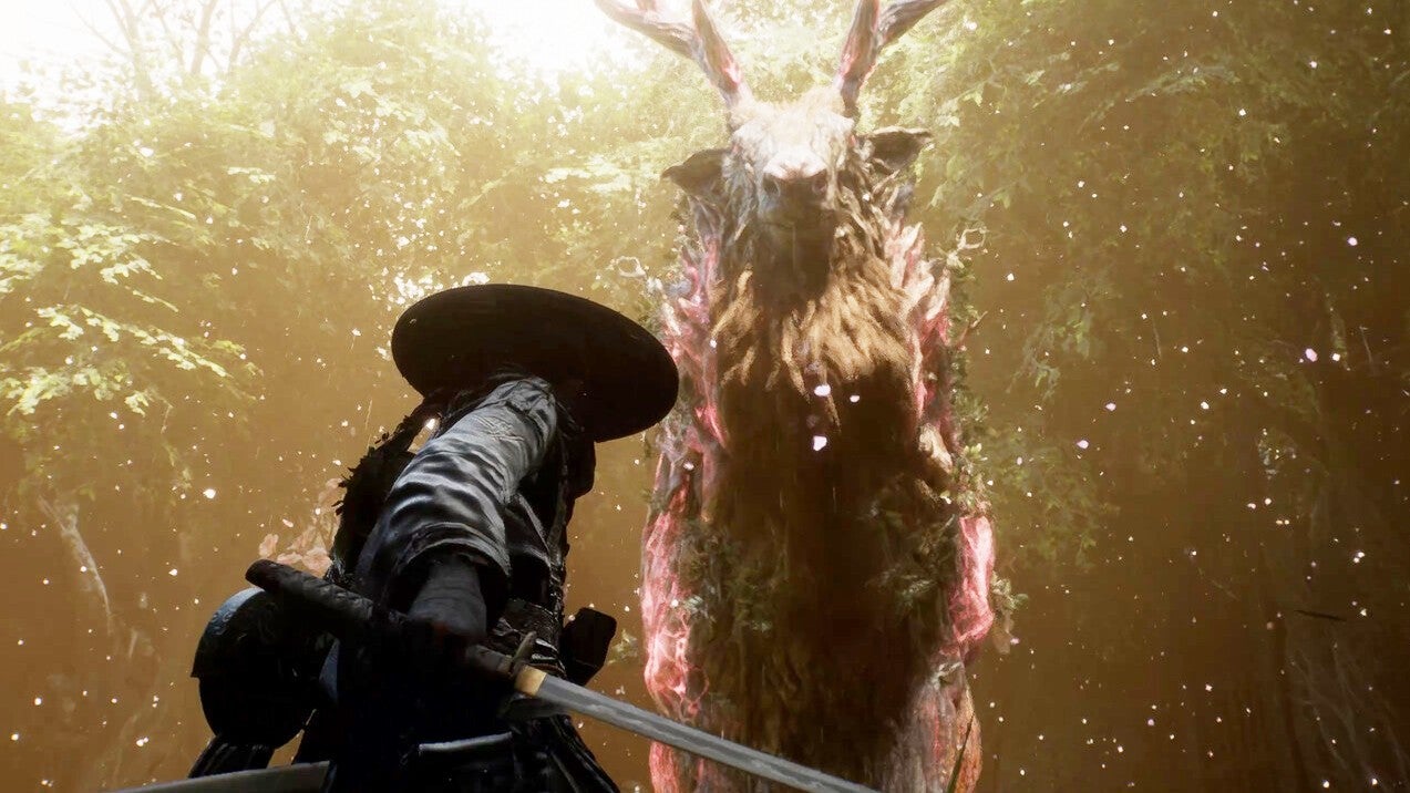 Beast of Reincarnation header image showing Emma looking up at a large deer-like enemy