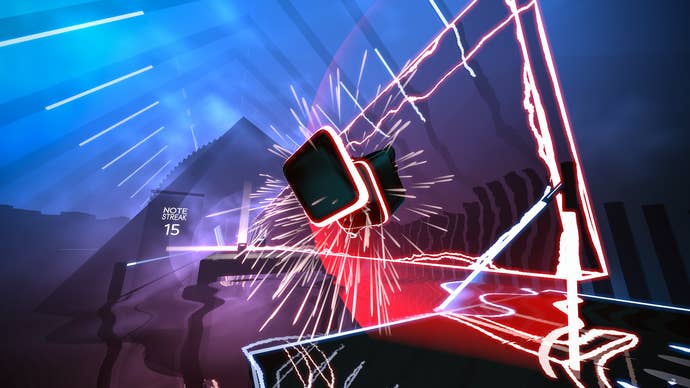 A mid-game screenshot from Beat Saber