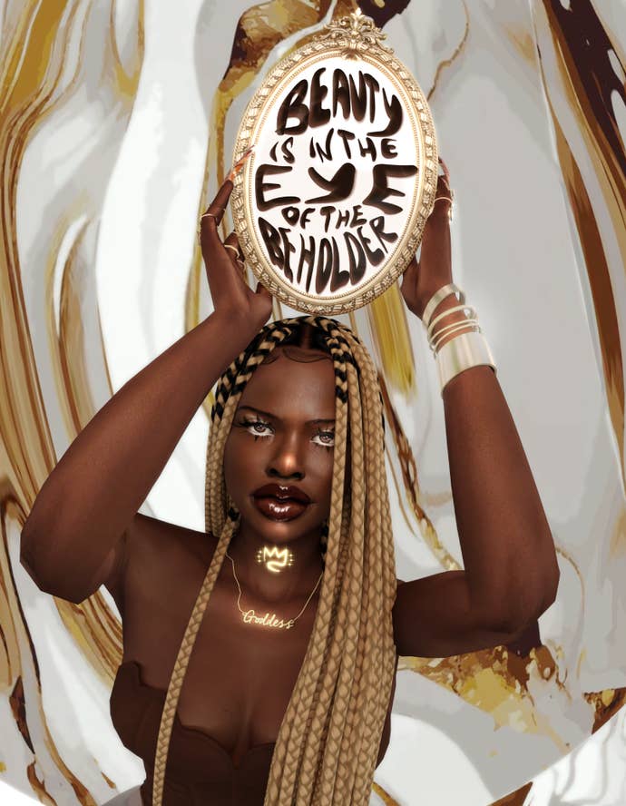 Black Sims character with long braids holding sign saying “beauty is in the eye of the beholder”