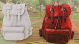 A before and after of a backpack in Roblox, on the left a plain untextured backpack model, on the right one with a weathered red leather texture applied by the Texture Generator AI feature.