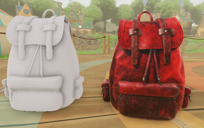 Before and after image of a Roblox backpack using Texture Generator: on the left a plain white-grey backpack object, on the right the same one with weathered red leather texture