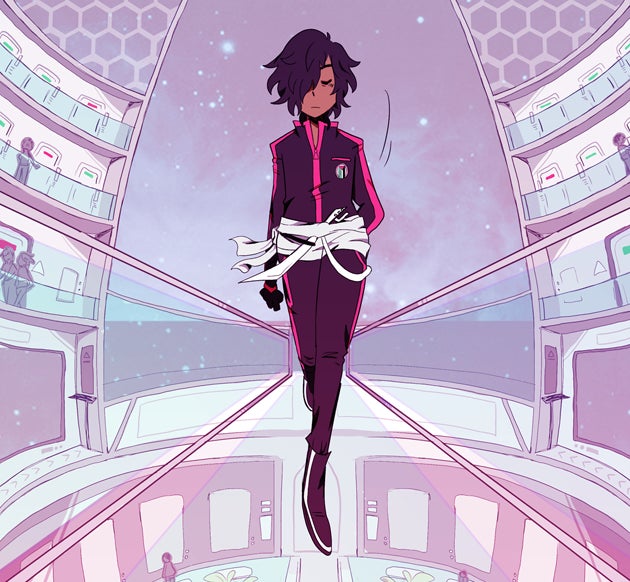 A drawing of a feminine person with short waving brown hair and brown skin wearing a pink and purple jumpsuit, standing on a glass walkway inside a futuristic dome structure with balconies to either side. From the game Being 2. - 4