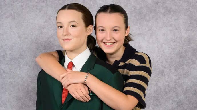 Bella Ramsey hugs their waxwork figure