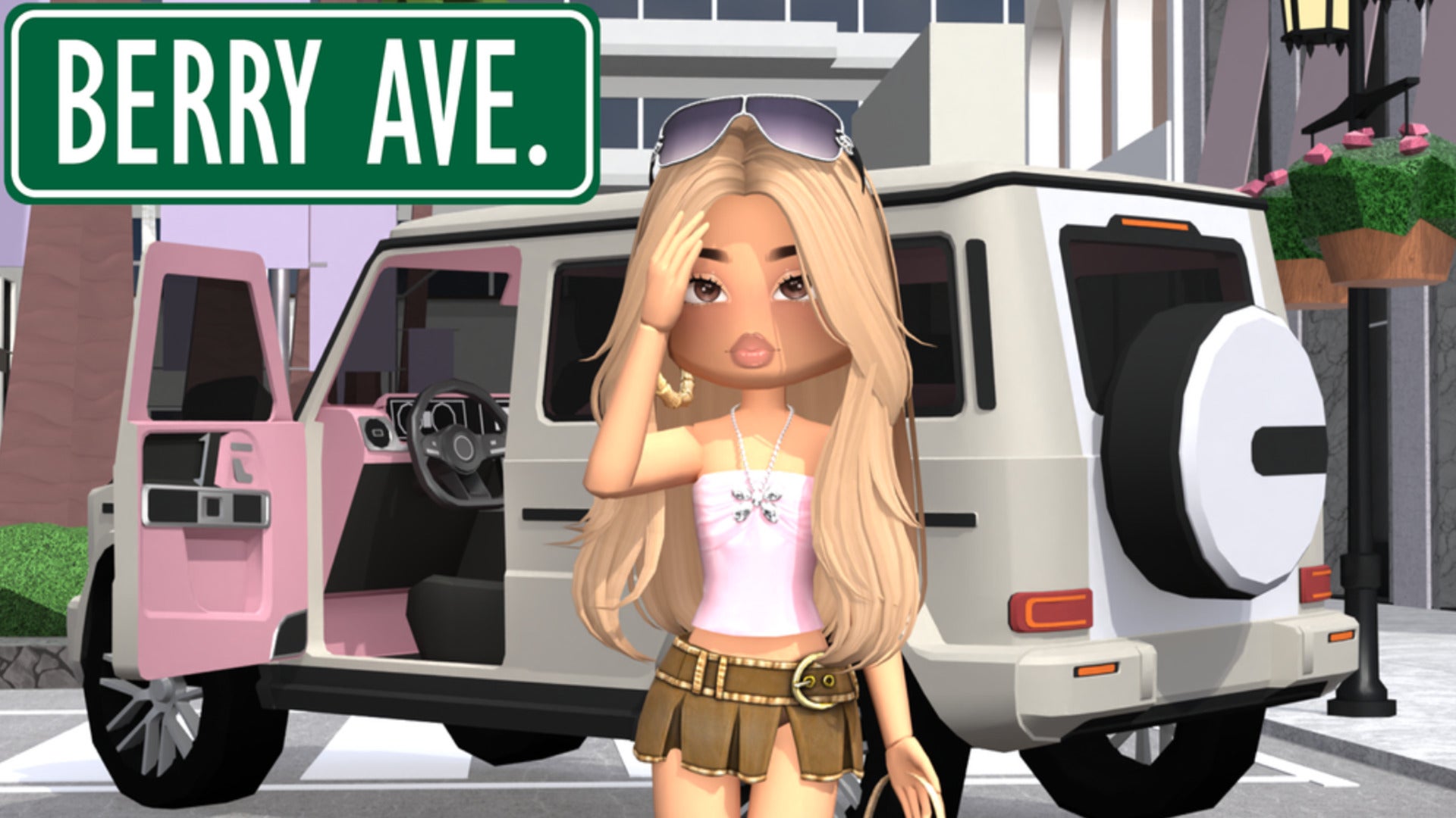 Key artwork for Roblox's Berry Avenue, showing a blonde girl in front of a Jeep-like car, is shown - 1