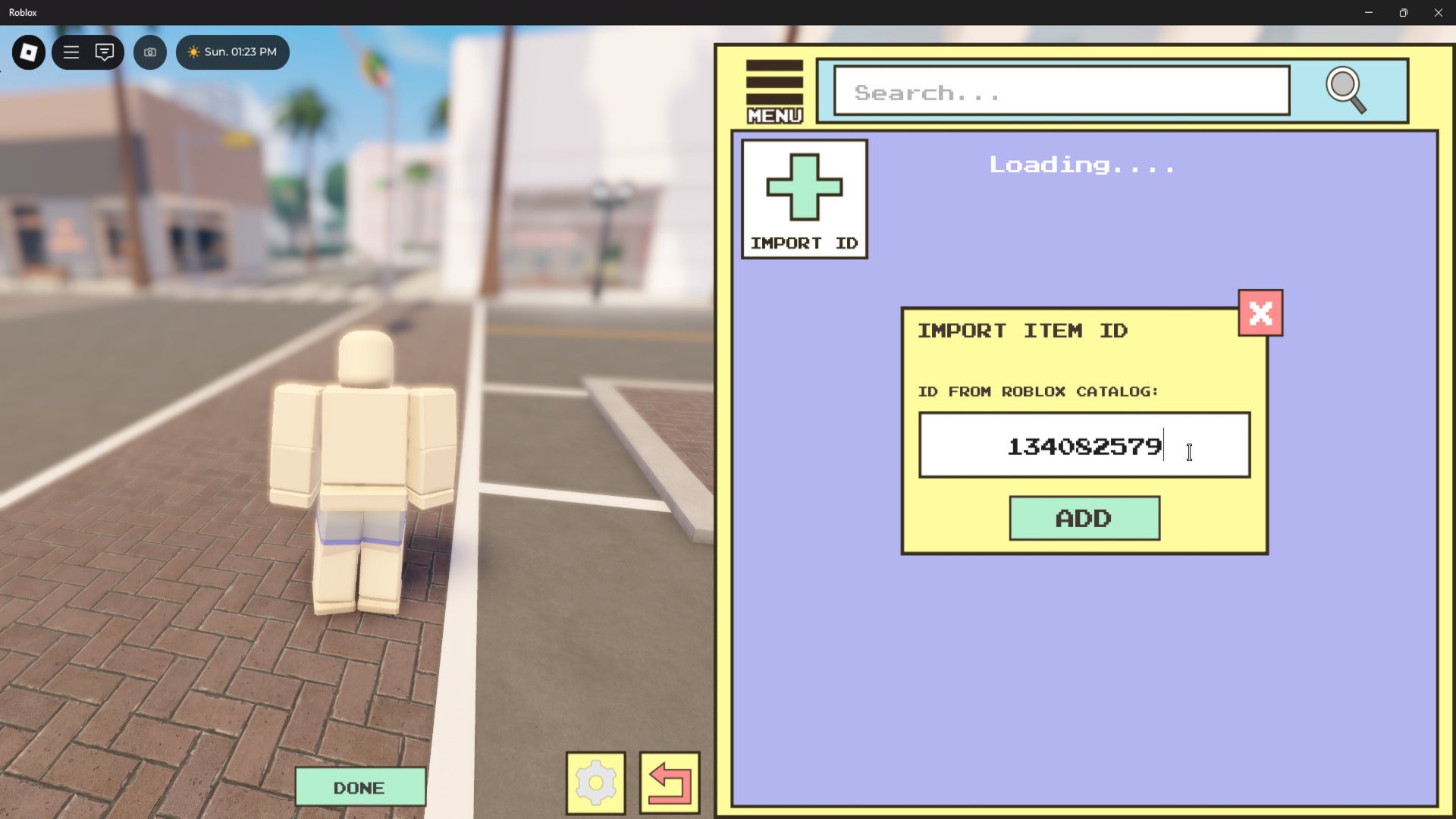 The player looks at the 'Input item ID' box in the Equipped section of the Avatar menu in Roblox's Berry Avenue - 3