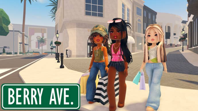 Three characters can be seen walking through Berry Avenue holding shopping bags in key artwork for the Berry Avenue Roblox experience