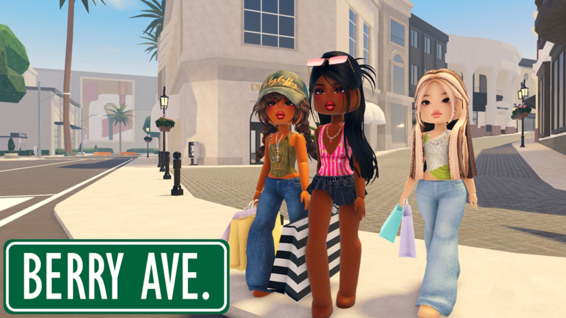 Three characters can be seen walking through Berry Avenue holding shopping bags in key artwork for the Berry Avenue Roblox experience - 1