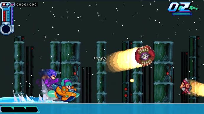 Berserk Boy and his pal ride on a jetski and avoid bouncing projectiles.