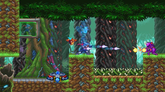 Berserk Boy shoots some enemies in a forest.