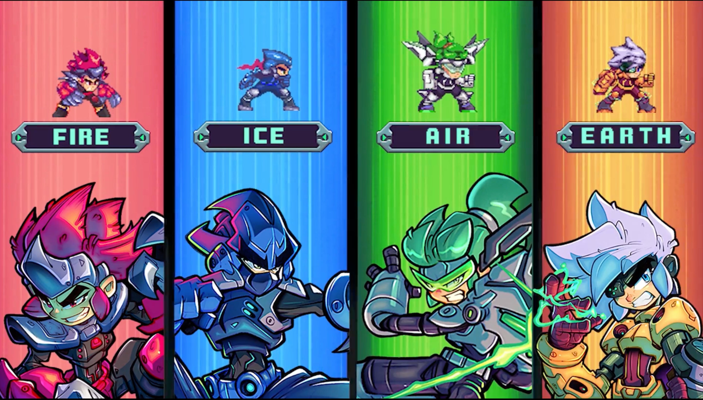 A screen split into four showing Berserk Boy&rsquo;s different transformations: Fire, Ice, Air, Earth.