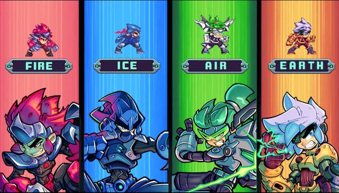 A screen split into four showing Berserk Boy’s different transformations: Fire, Ice, Air, Earth.