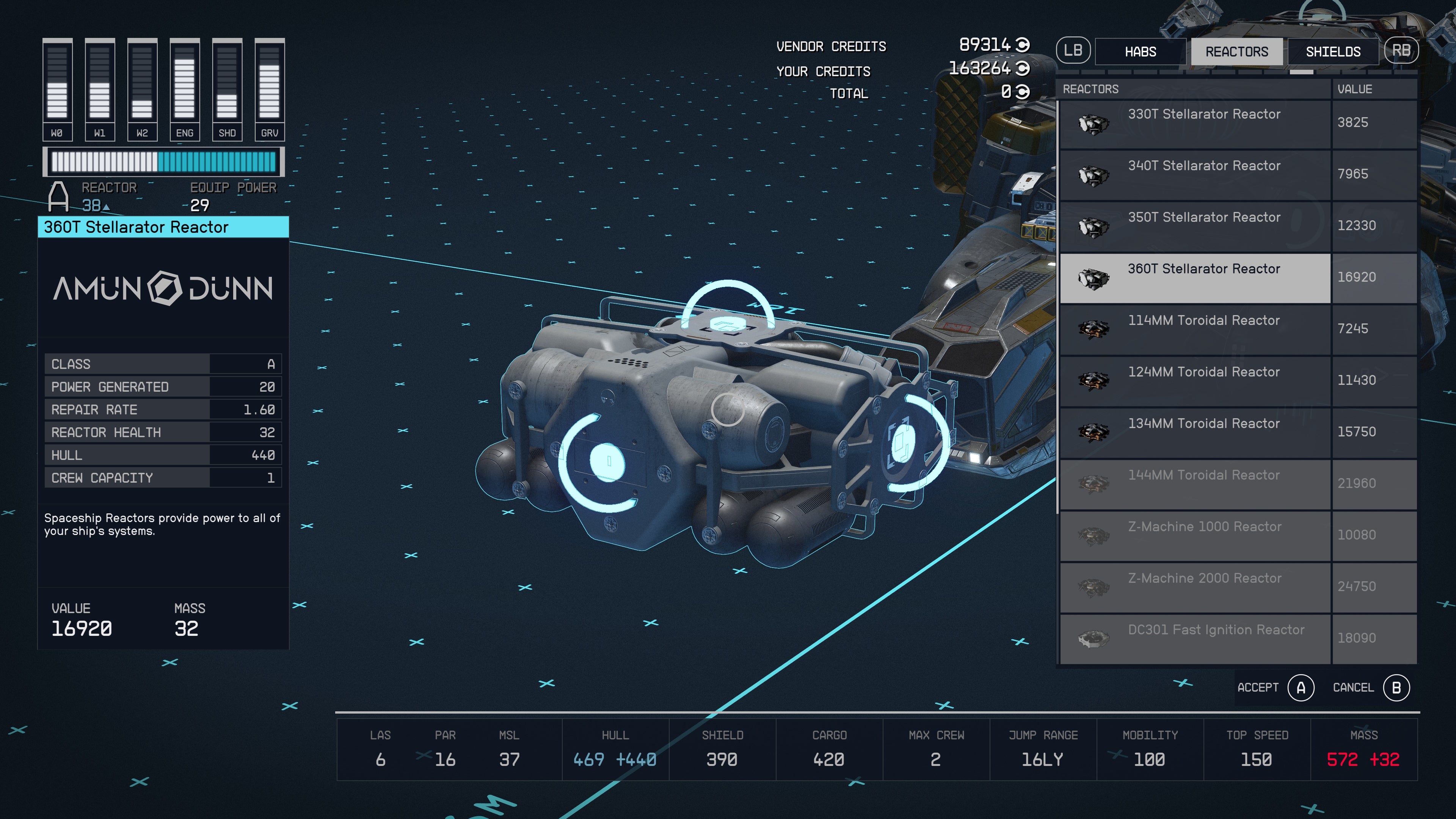 ship building menu with an a class reactor selected