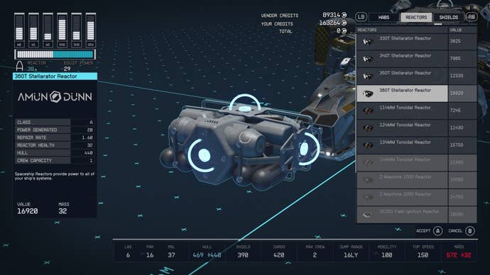 ship building menu with an a class reactor selected
