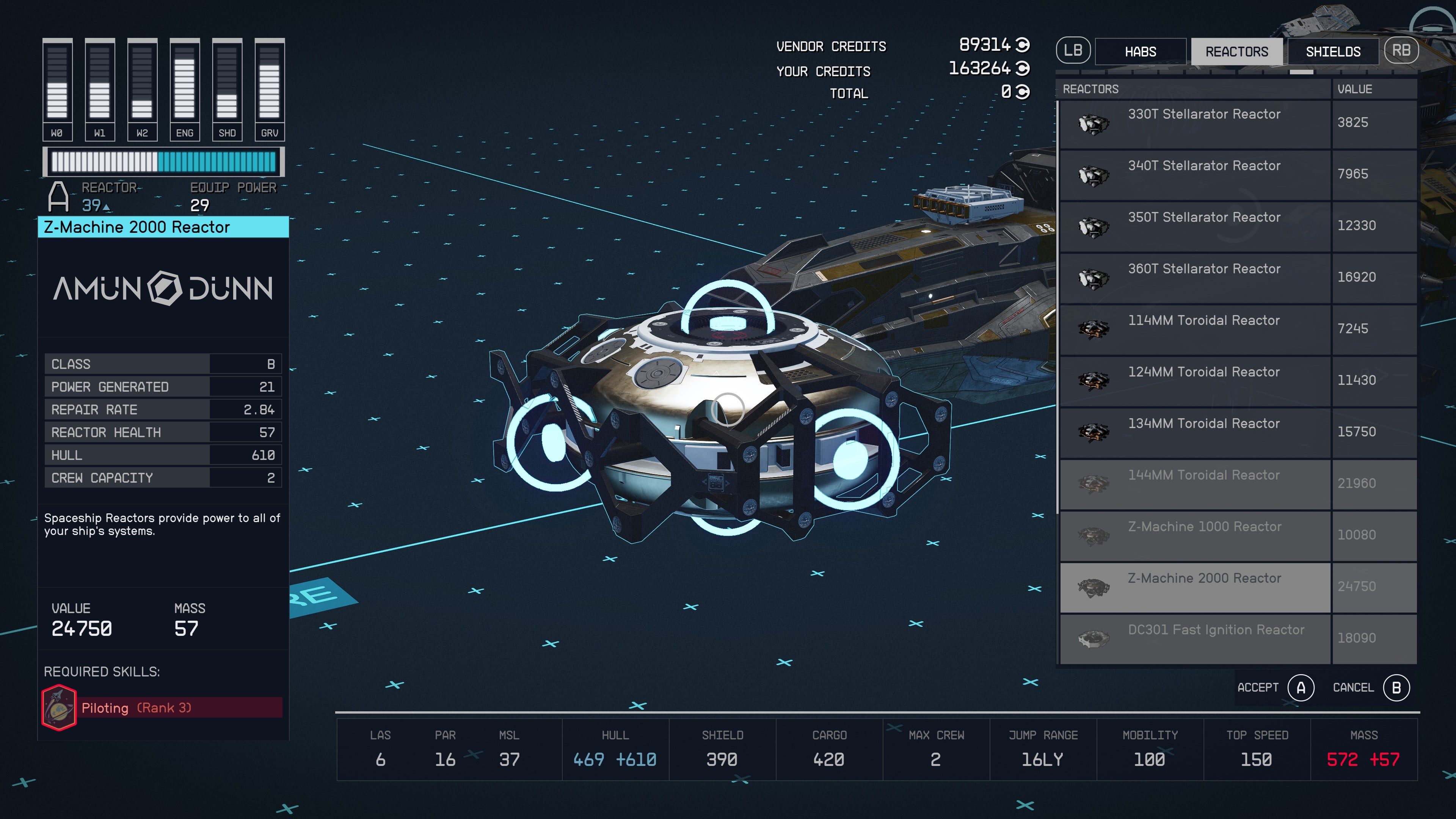 ship building menu with a b class reactor selected