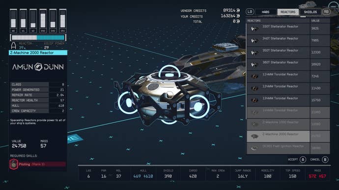 ship building menu with a b class reactor selected
