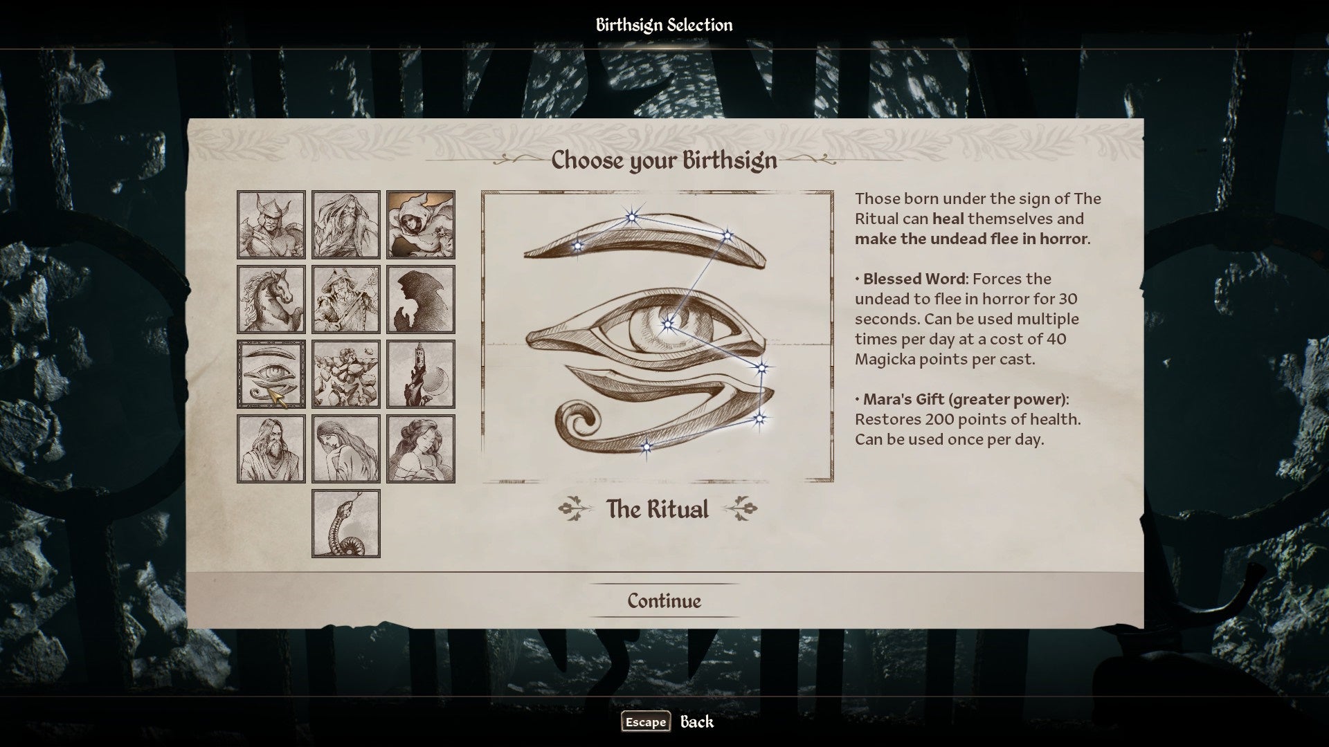 The Ritual Birthsign description in Oblivion Remastered.