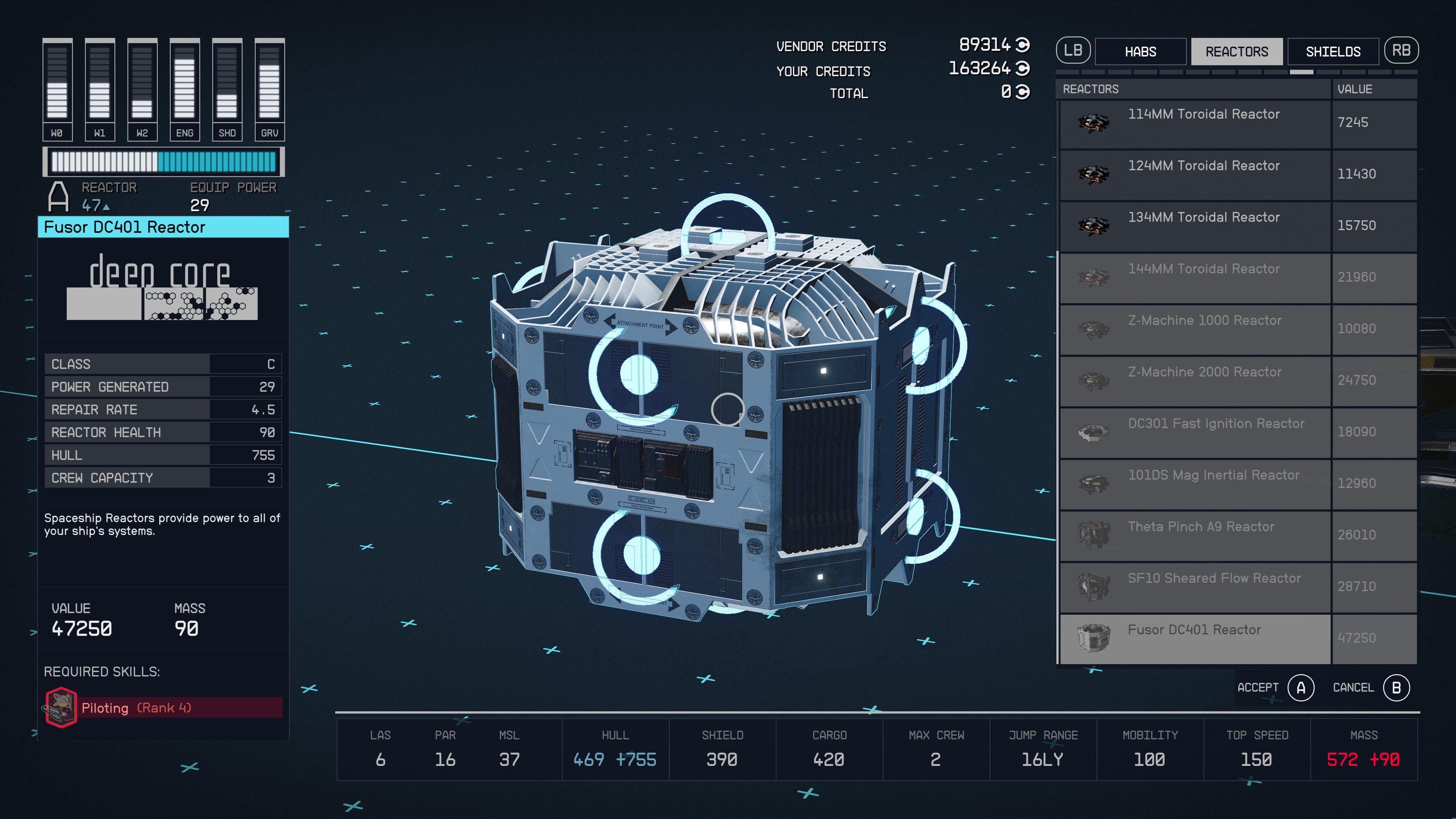 ship building menu with an a c class reactor selected