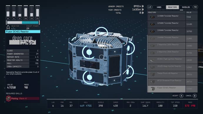 ship building menu with an a c class reactor selected