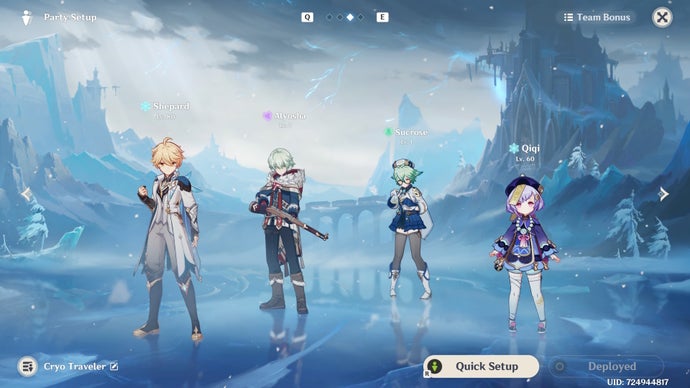 Menu de seleção de personagens em Genshin Impact com Viajante Criogênico, Alyosha, Sucrose e Qiqi.