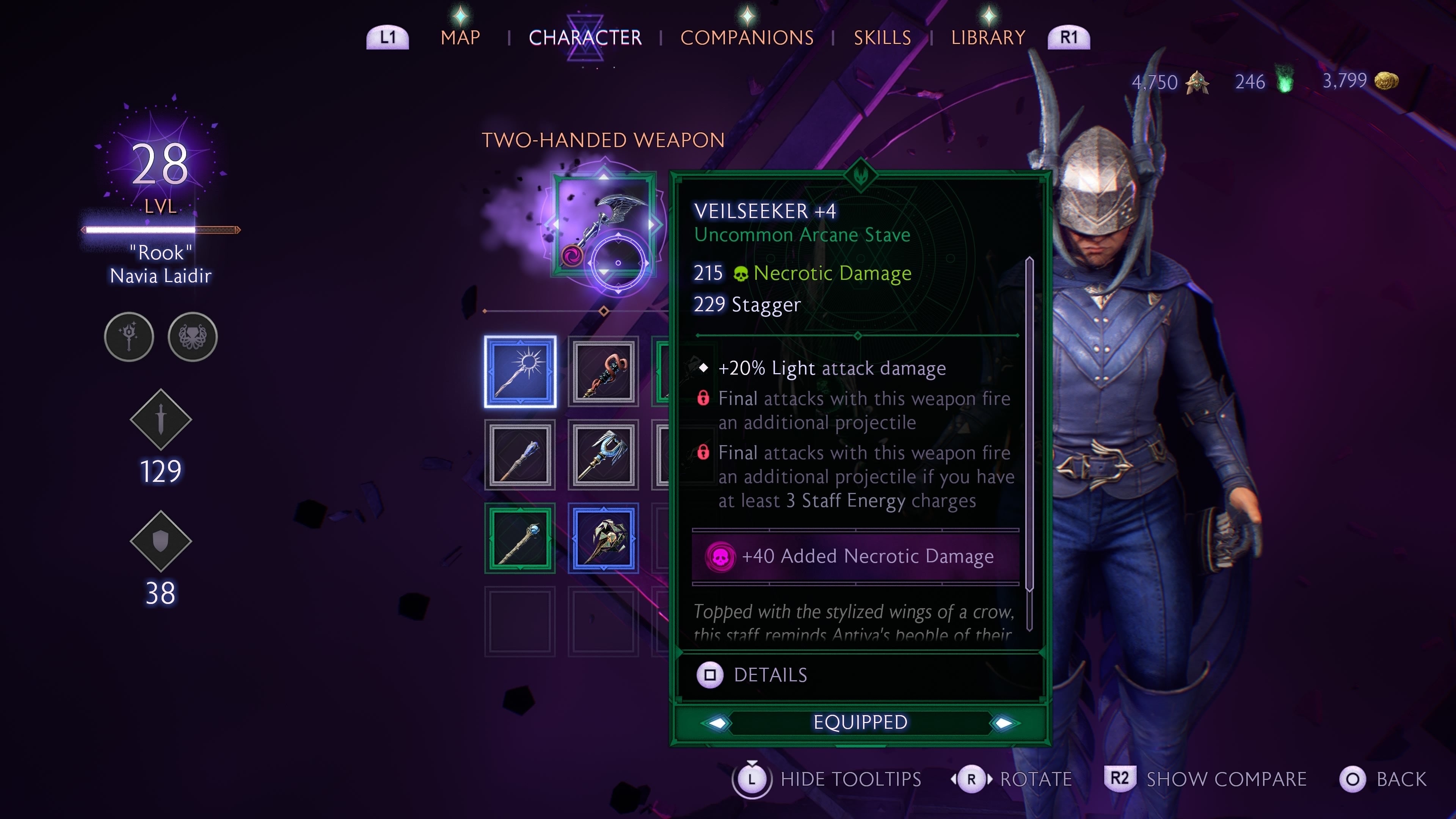 Character menu showing a weapon selection in Dragon Age The Veilguard.