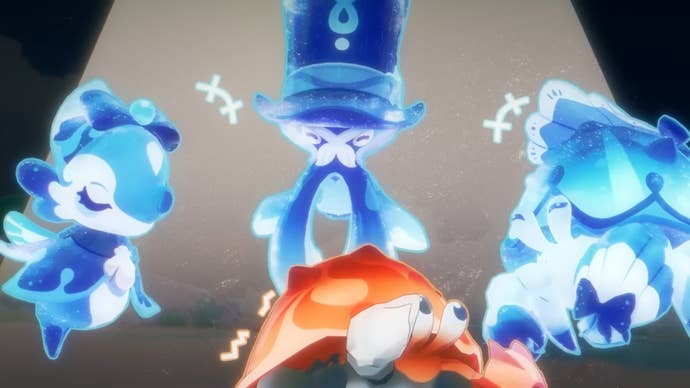 water creatures formed by furina’s skill, including a crab and seashorse, looking down at a crab