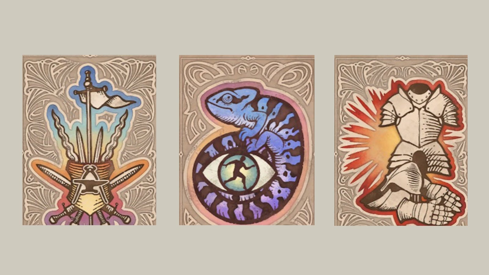 The armorer, sneak, and heavy armor skill symbols from Oblivion Remastered on a beige background.