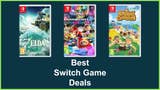Nintendo Switch game boxes for The Legend of Zelda Tears of the Kingdom, Mario Kart 8 Deluxe and Animal Crossing New Horizon positioned above text that reads 'Best Switch Game Deals'.