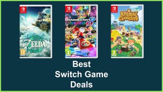 Nintendo Switch game boxes for The Legend of Zelda Tears of the Kingdom, Mario Kart 8 Deluxe and Animal Crossing New Horizon positioned above text that reads 'Best Switch Game Deals'.