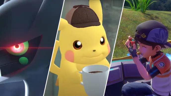 Art work from Pokemon Legends Arceus, Detective Pikachu, and New Pokemon Snap is shown
